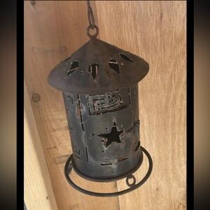 Vintage Punched Tin Lantern Candle Holder Hanging Metal Latched Door Indonesia